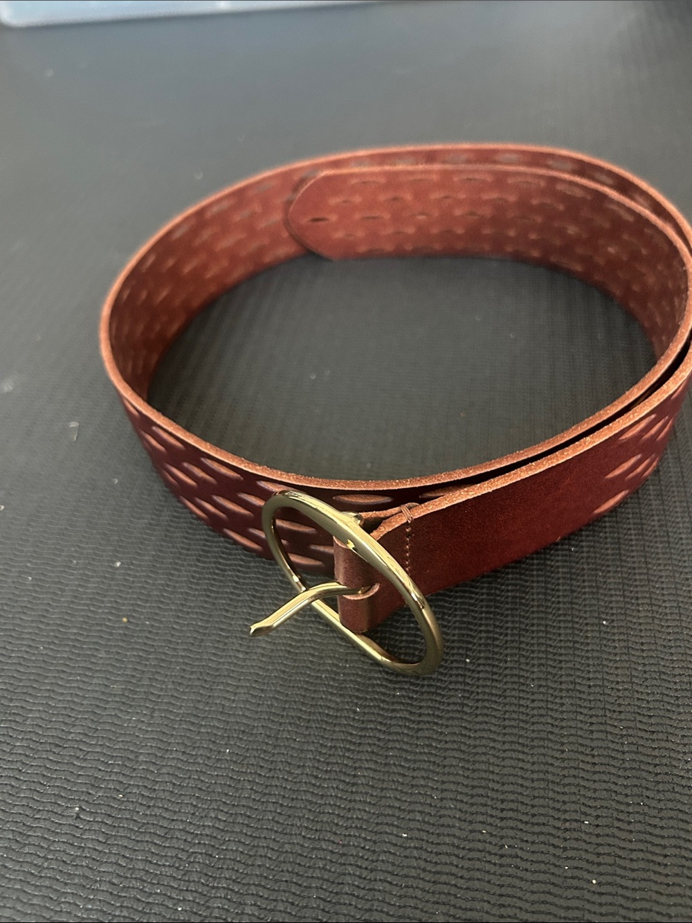 Women's Brown Leather Belt with Antique Gold Ring Buckle